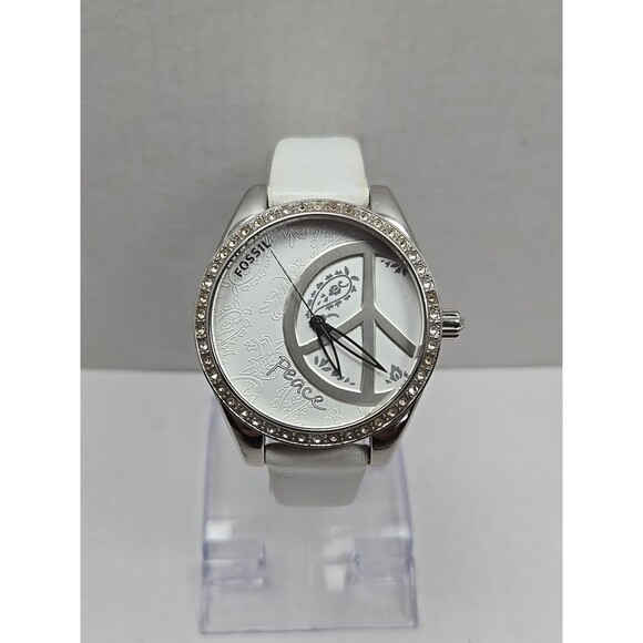 Fossil ES-2462 Peace Sign Crystal Bezel 37mm Womens Quartz New Battery Watch 50M - Picture 1 of 12